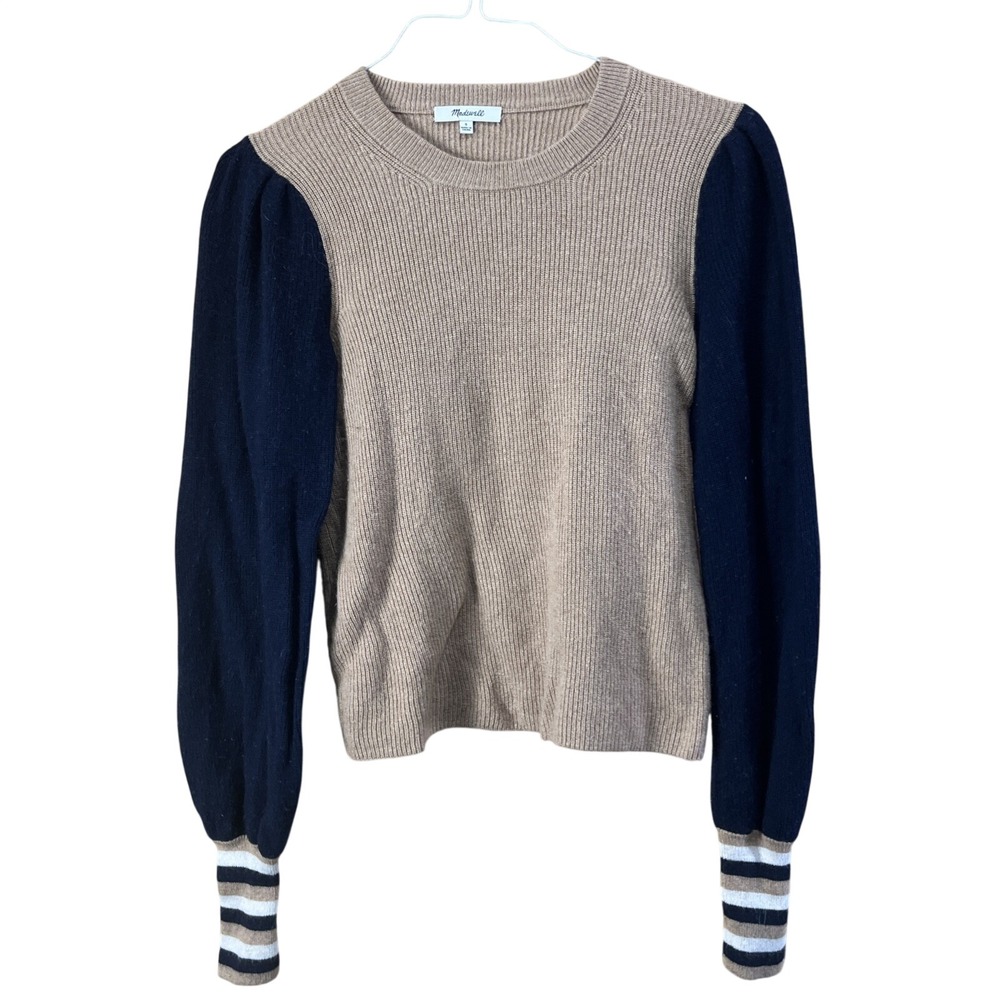 Madewell Sweater Womens Small Tan Navy Colorblock Puff Sleeve Ribbed Knit Stripe